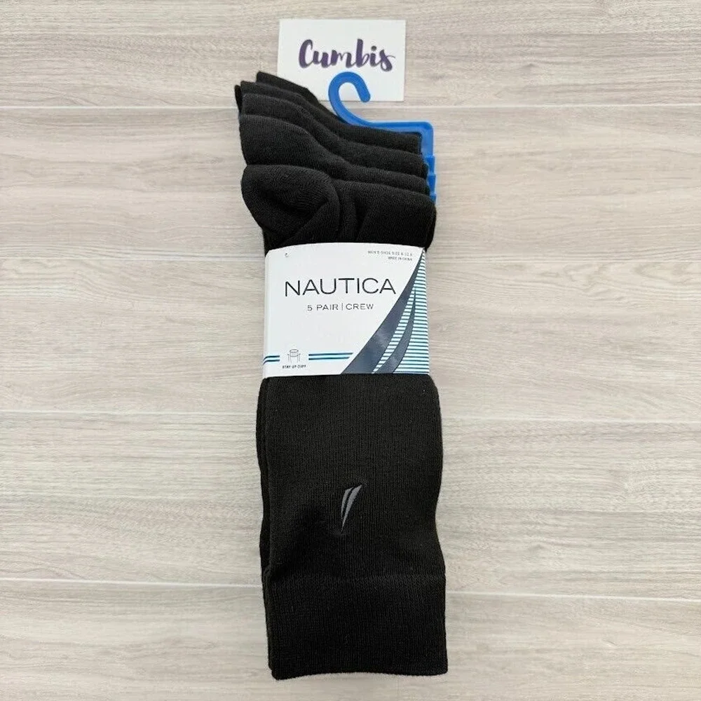 Nautica Mens 5 Pair Crew Socks Black Stay Up Cuff Shoe Size 6-12.5 NAM201DR01001